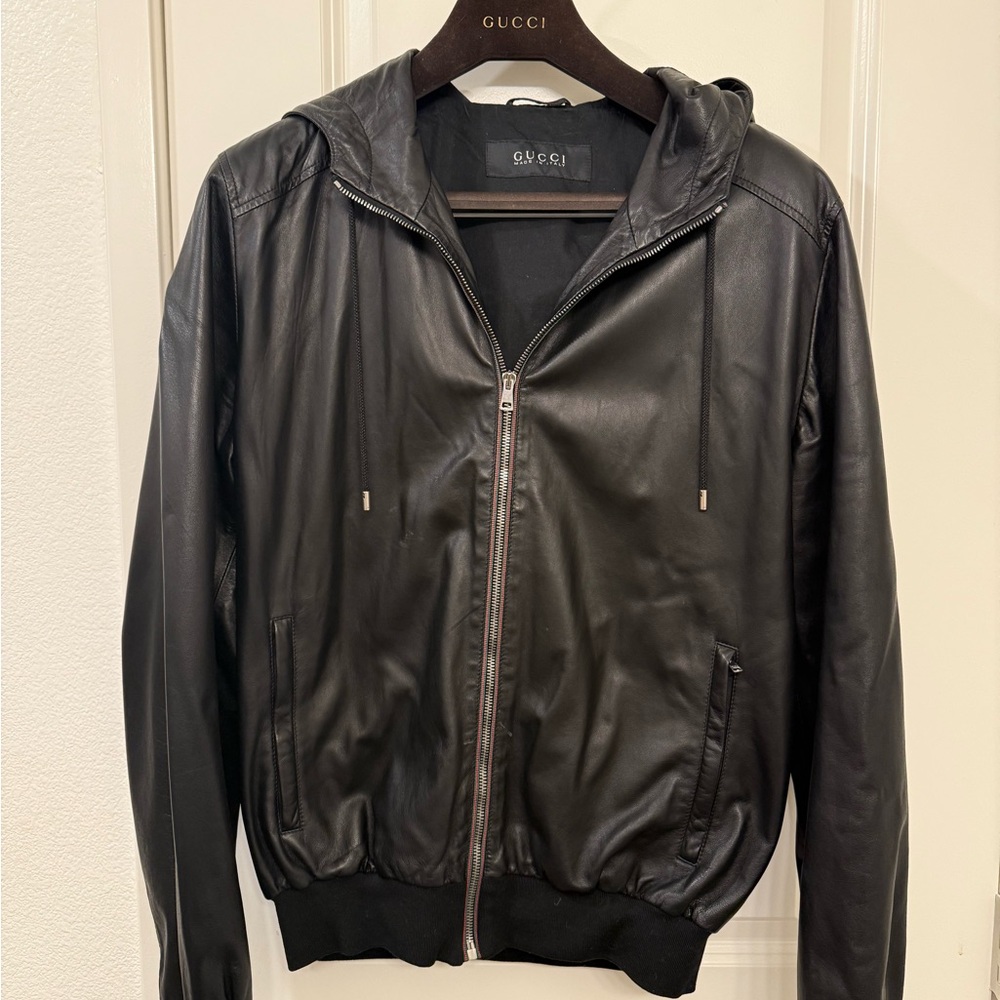 Gucci Black Leather Bomber Jacket with Hood